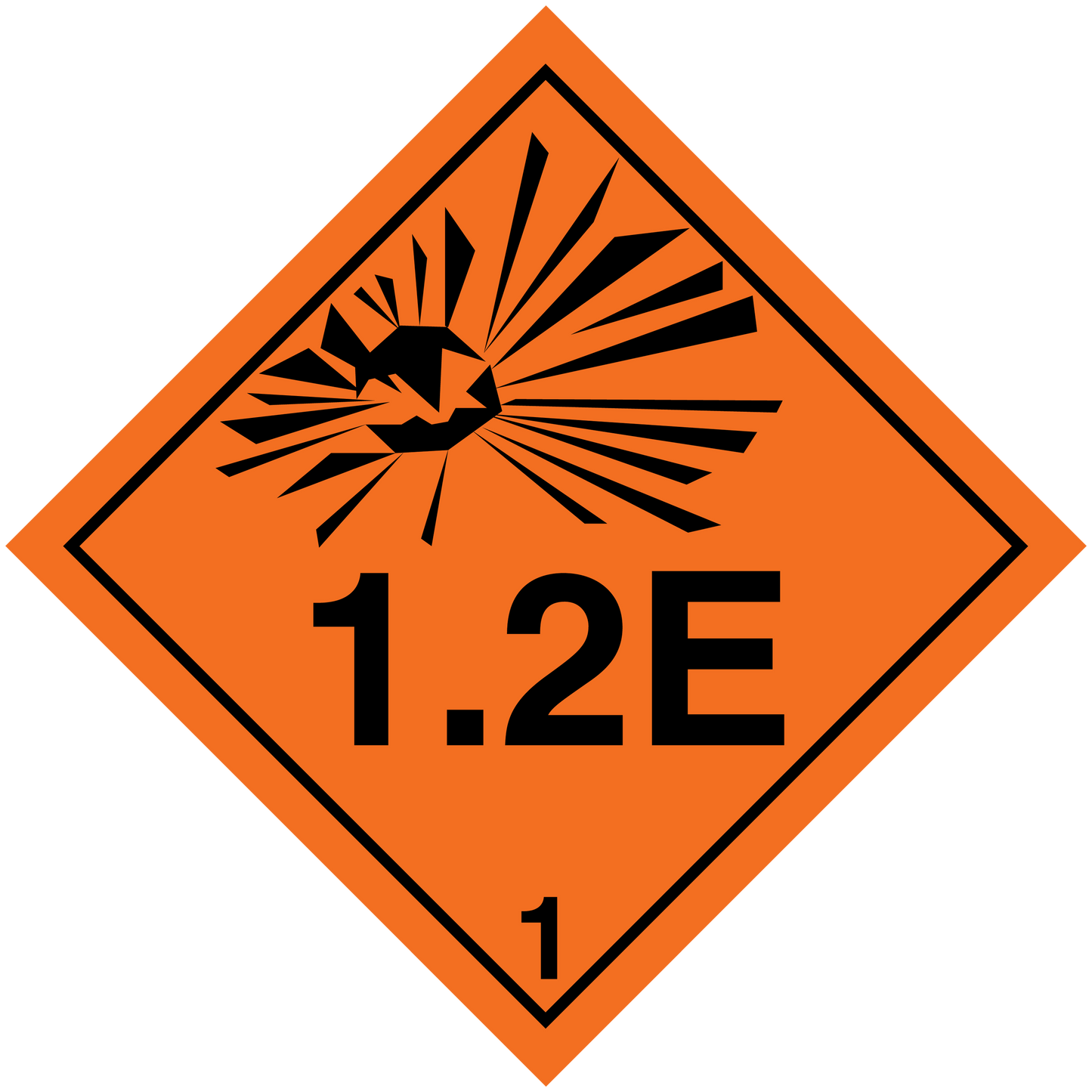 Hazard warning sticker with orange diamond, black explosion icon, and “1.2E” text