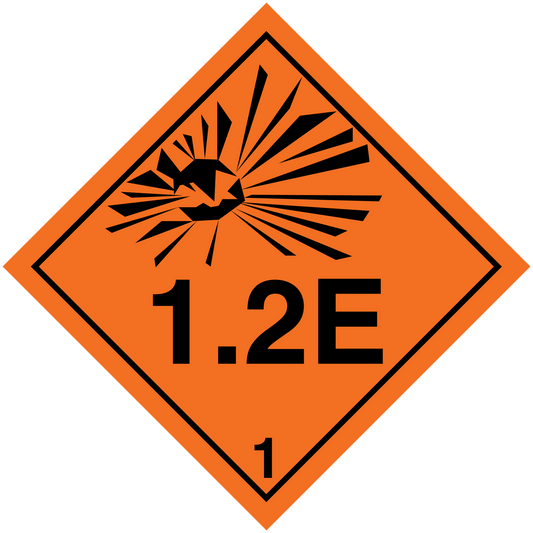 Hazard warning sticker with orange diamond, black explosion icon, and “1.2E” text