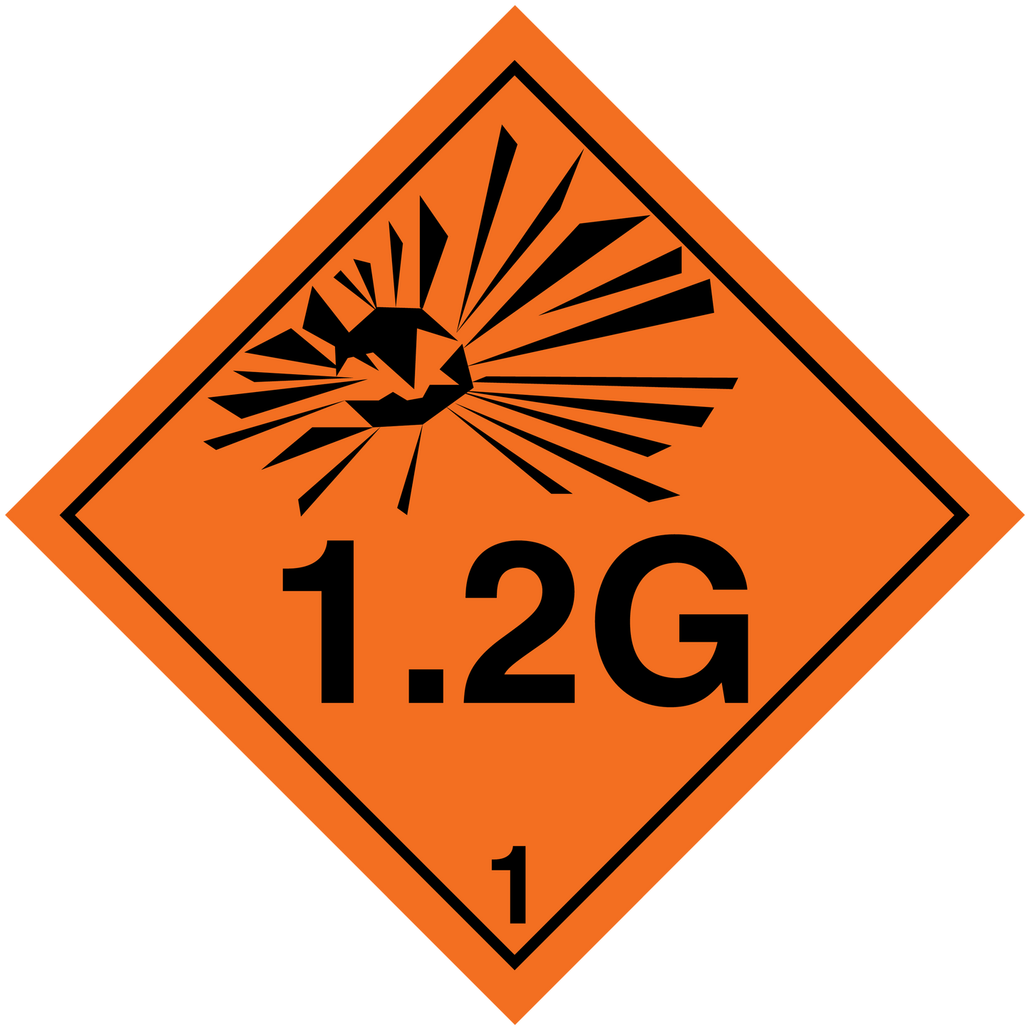 Orange hazardous warning sign sticker with 1.2G number and black burst icon