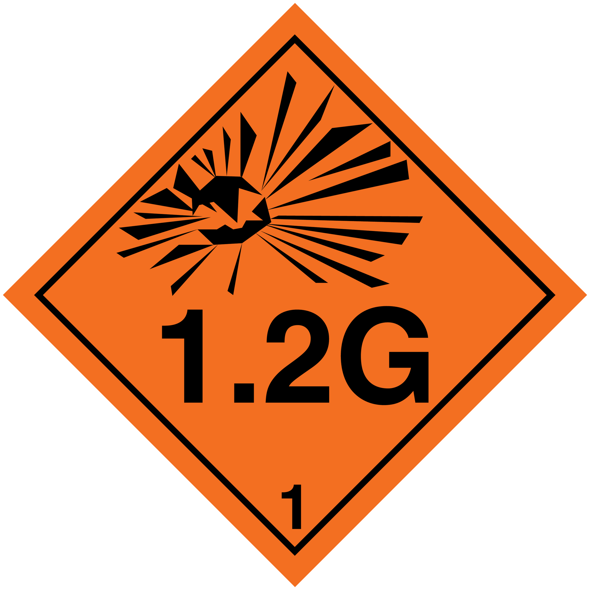 Orange hazardous warning sign sticker with 1.2G number and black burst icon