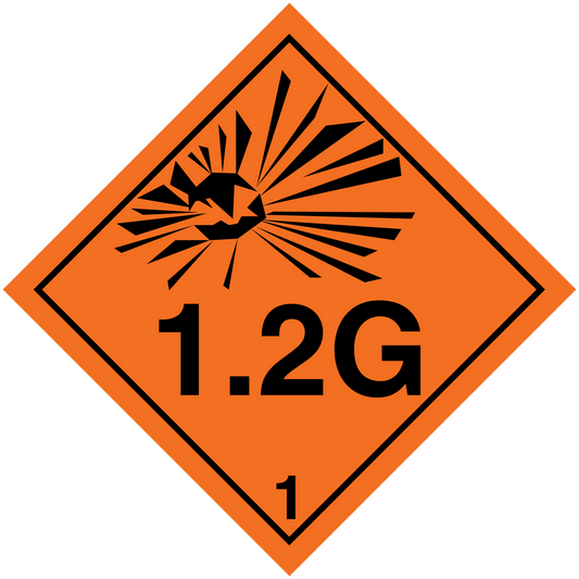 Orange hazardous warning sign sticker with 1.2G number and black burst icon
