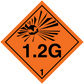 Orange hazardous warning sign sticker with 1.2G number and black burst icon