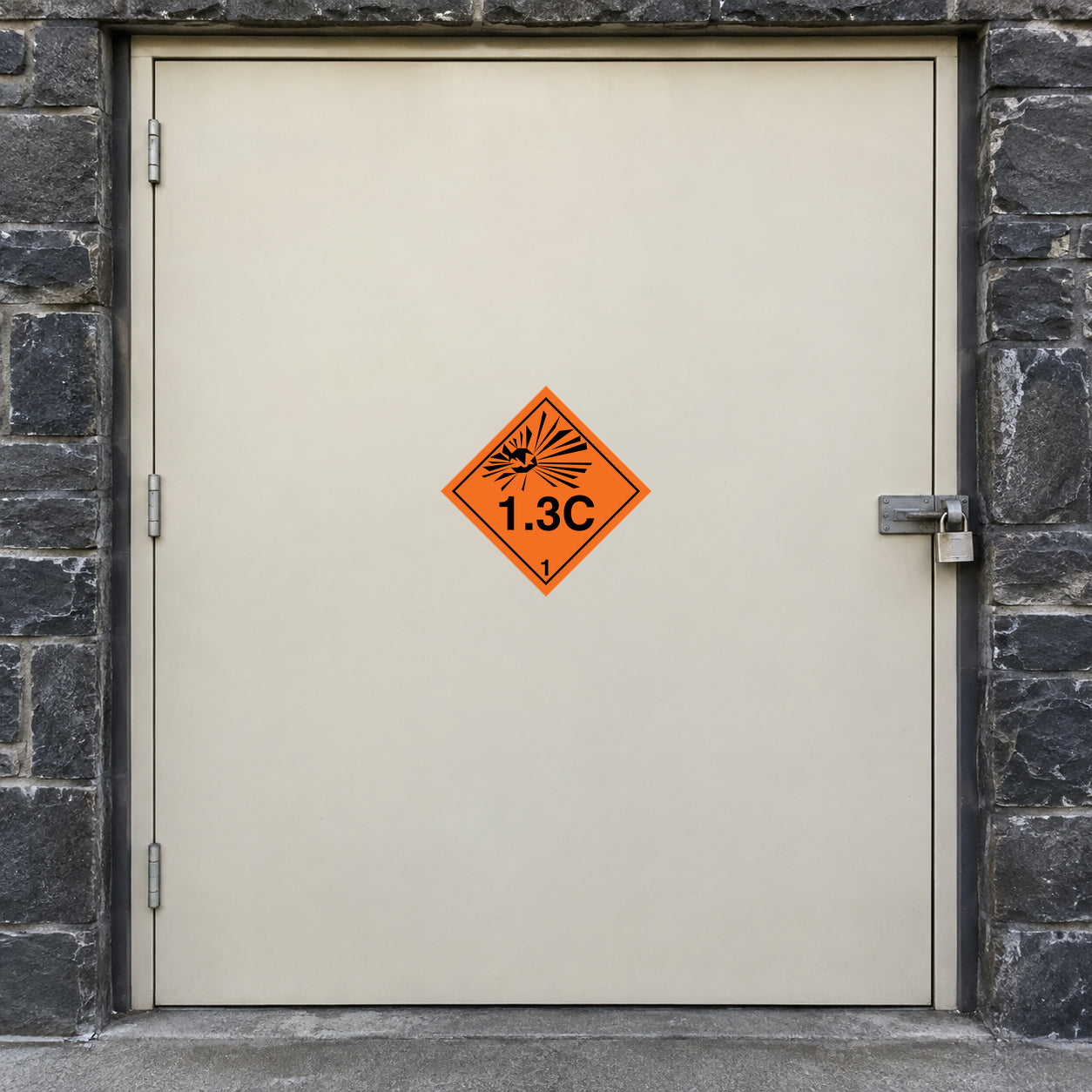 Hazardous Safety Sign Sticker applied in an industrial storage annex, smooth cream SINGLE solid steel door, outer dark stone jamb, padlock at extreme right