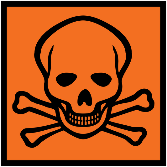 Hazard safety sign sticker with skull and crossbones icon on orange background