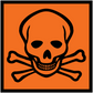 Hazard safety sign sticker with skull and crossbones icon on orange background