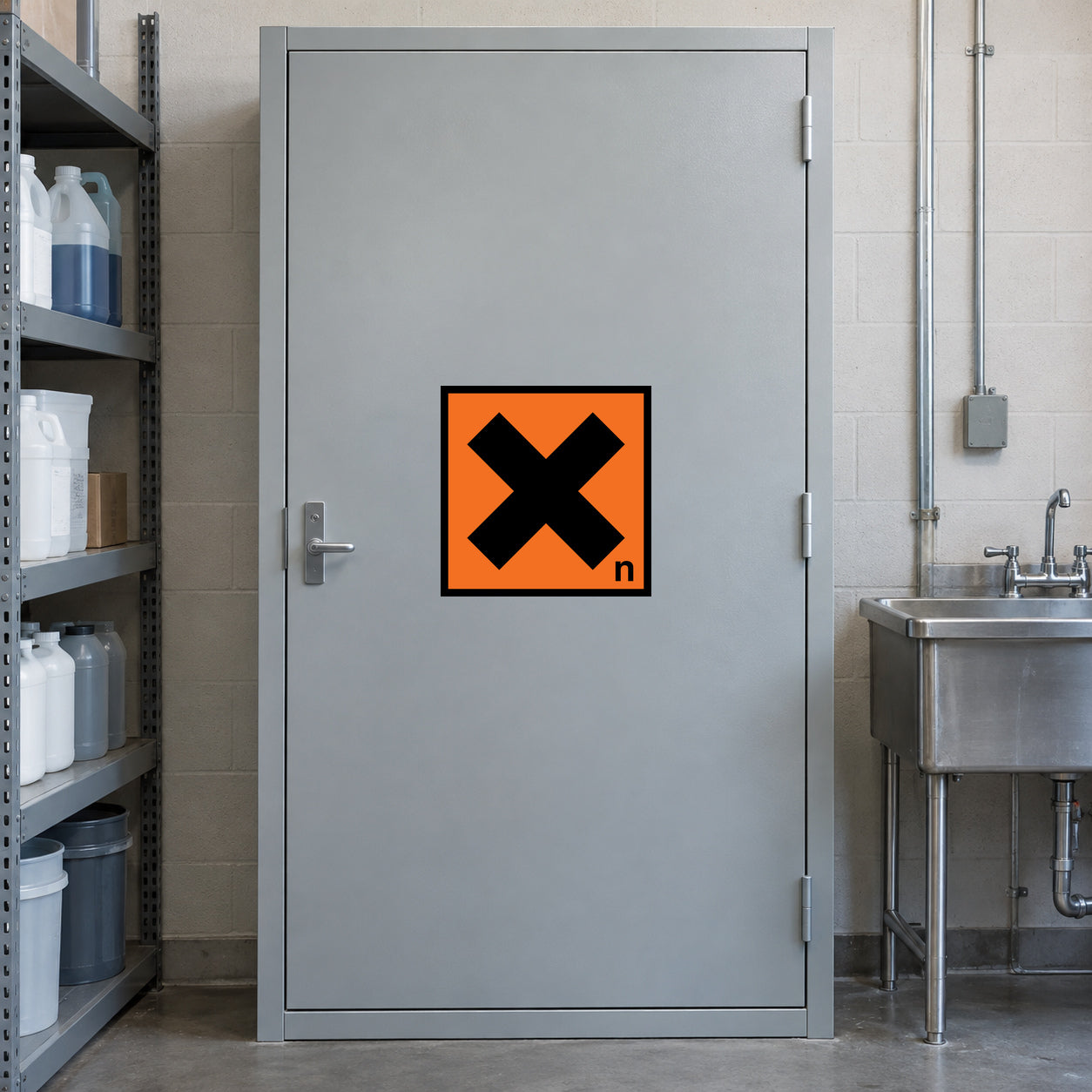 Hazard warning sticker with orange border and black X symbol