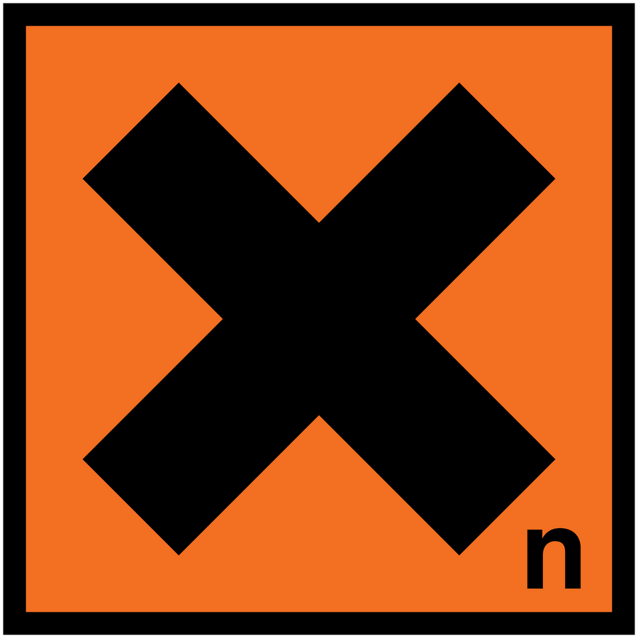 Hazardous safety sign sticker with orange background and bold black X warning symbol