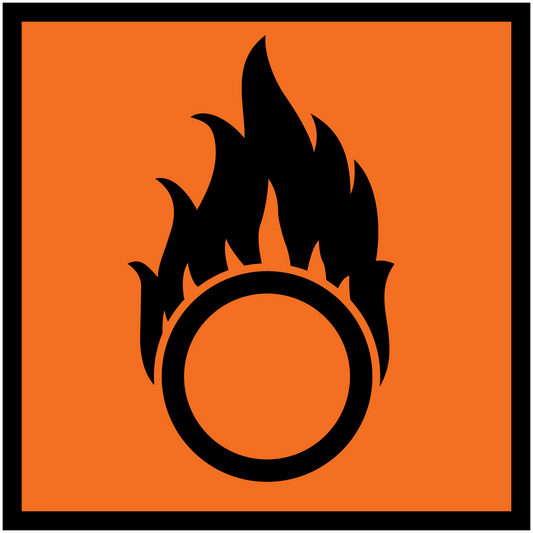 Orange hazardous sign sticker with black flame ring icon