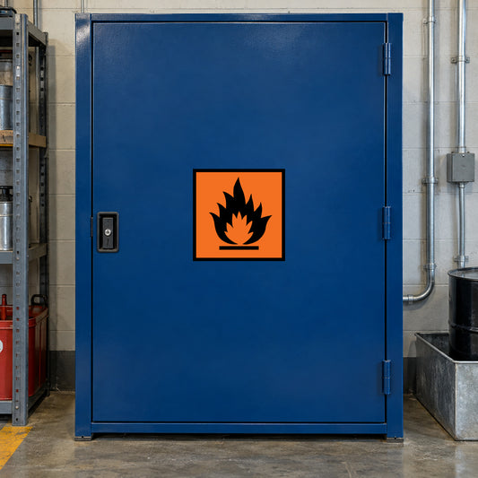 Fire hazard safety sign sticker, orange square with black flames