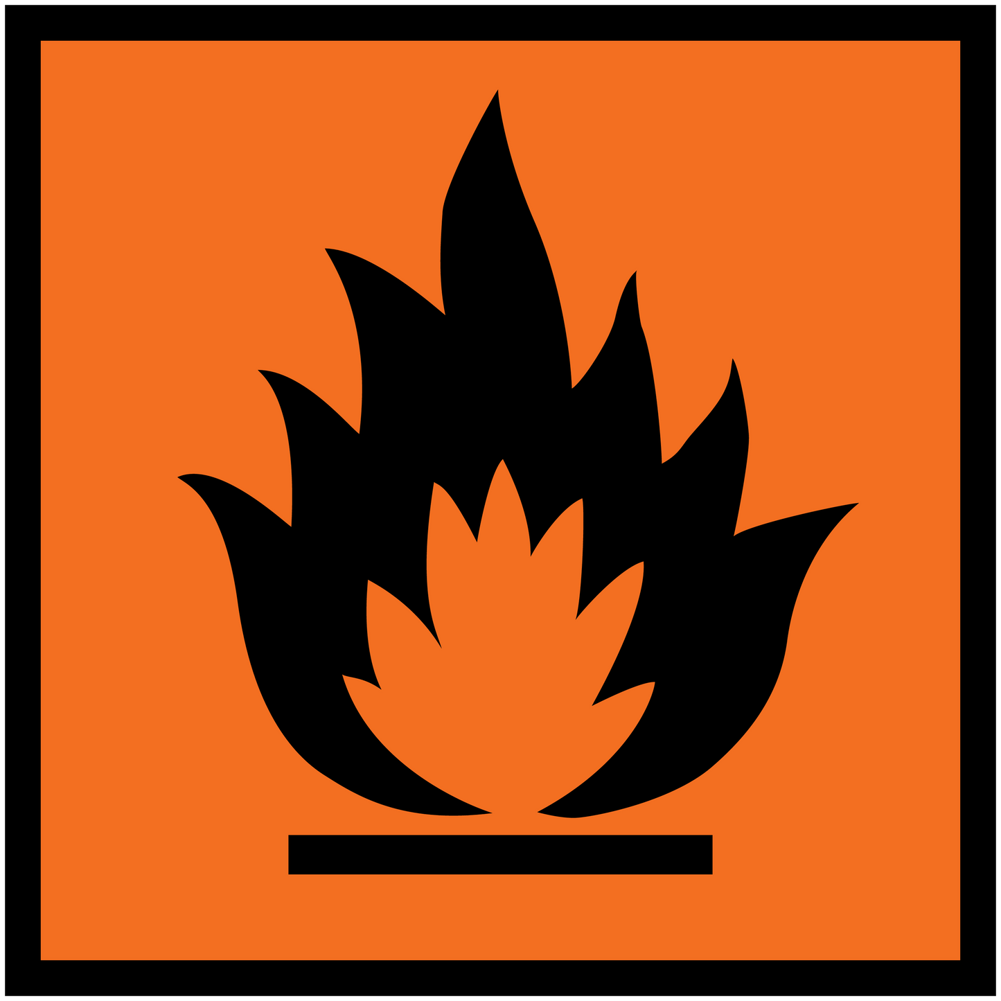 Warning sign sticker with black flame icon on orange square background