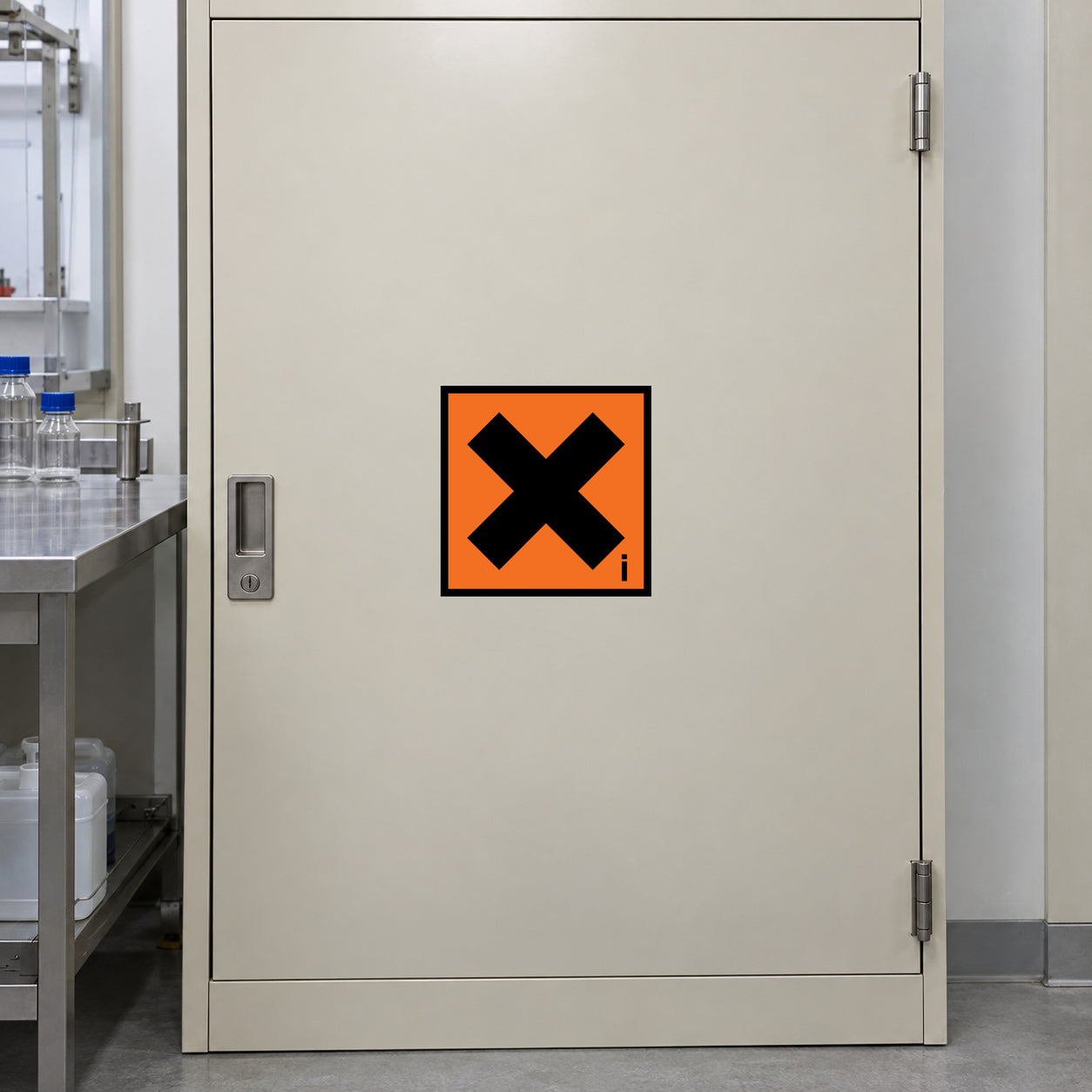 Hazard safety sign sticker with orange border and black X symbol