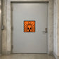 Hazard safety sign sticker with orange biohazard symbol on dark square