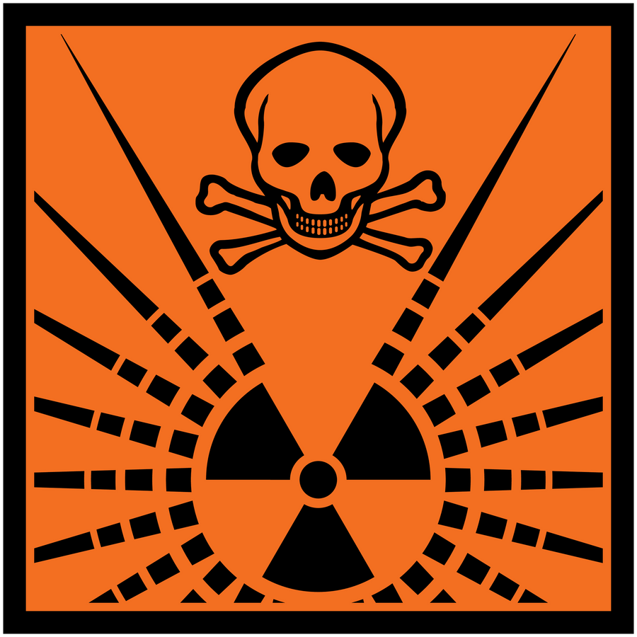 Orange hazardous safety sign sticker with skull and radiation trefoil symbol