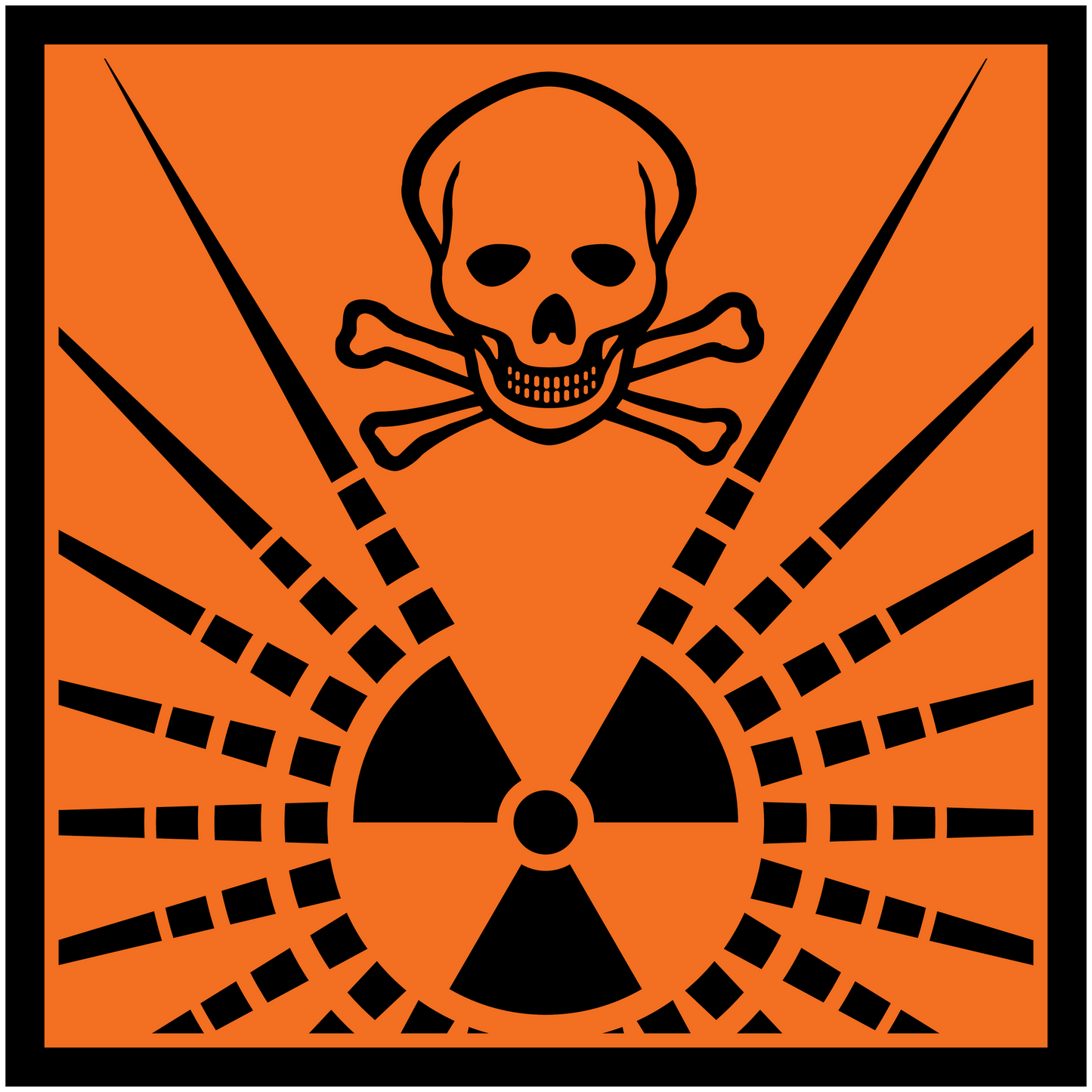 Orange hazardous safety sign sticker with skull and radiation trefoil symbol