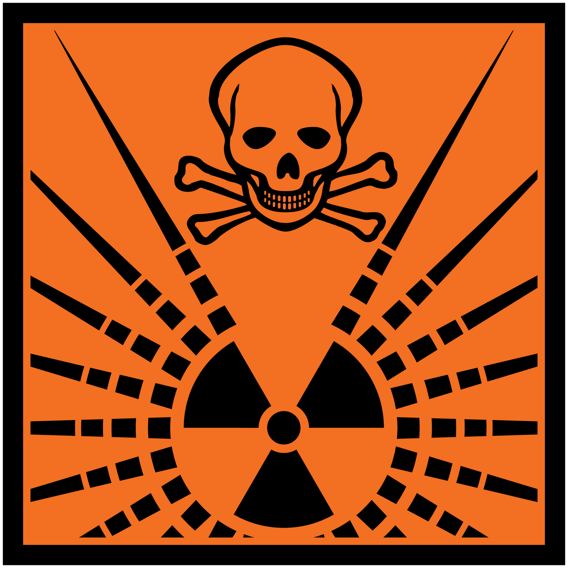 Orange hazardous safety sign sticker with skull and radiation trefoil symbol