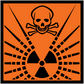 Orange hazardous safety sign sticker with skull and radiation trefoil symbol