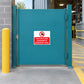 Safety sign sticker with red 'Fork lift trucks prohibited in pedestrian route' text