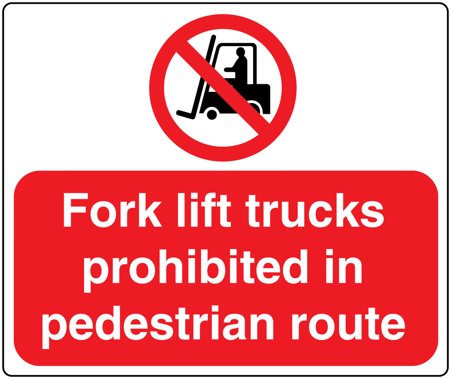 Safety sign sticker: No-forklift icon with 'Fork lift trucks prohibited in pedestrian route'