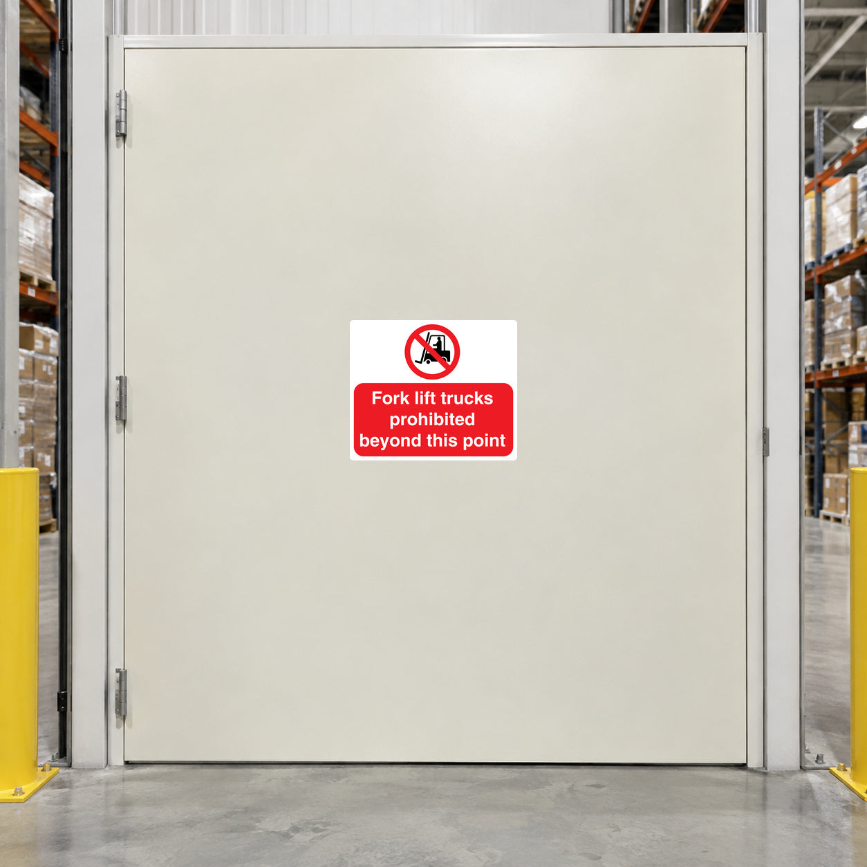 No safety sign sticker: red text 'Fork lift trucks prohibited beyond this point'