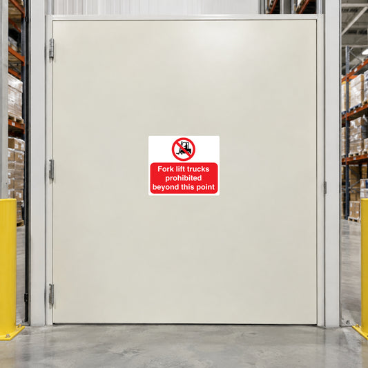 No safety sign sticker: red text 'Fork lift trucks prohibited beyond this point'