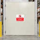 No safety sign sticker: red text 'Fork lift trucks prohibited beyond this point'
