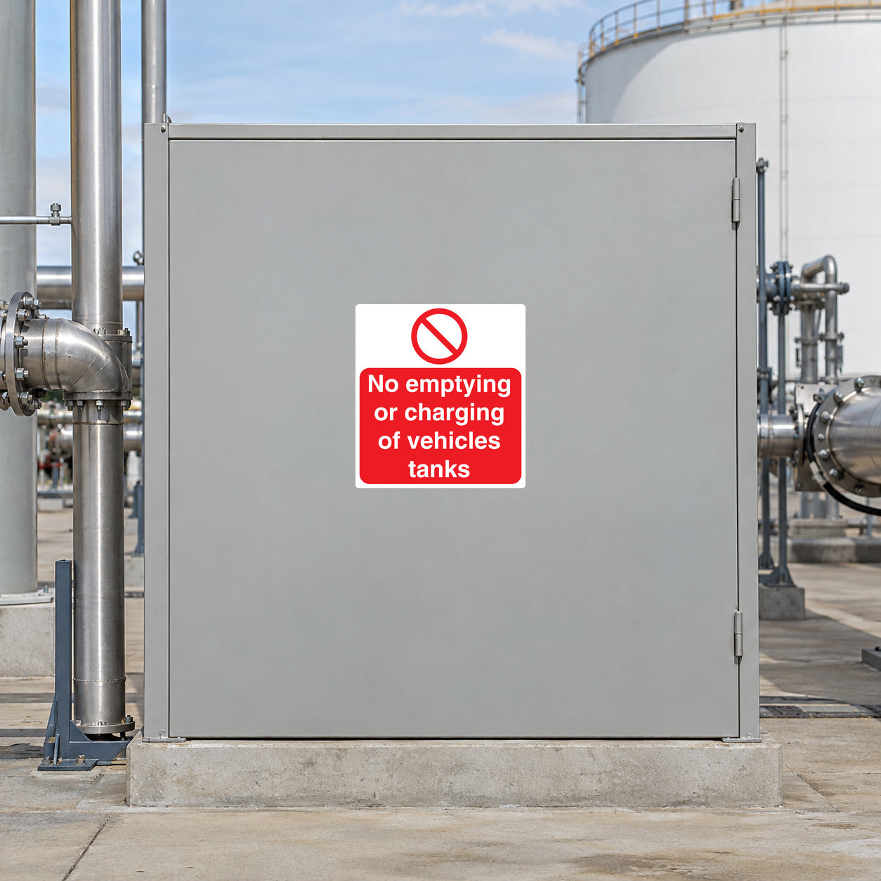Safety sign sticker: red no symbol, text 'No emptying or charging of vehicles tanks'