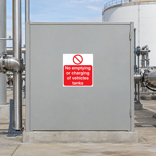 Safety sign sticker: red no symbol, text 'No emptying or charging of vehicles tanks'
