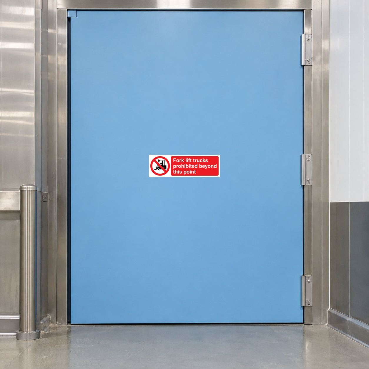 Safety sign sticker with red no-forklift symbol and text: prohibited beyond this point