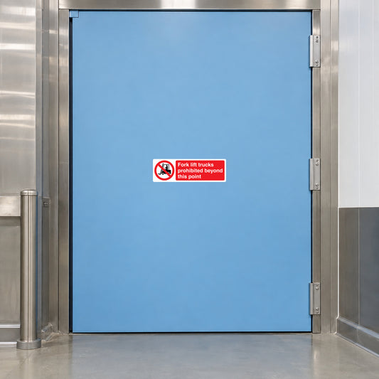 Safety sign sticker with red no-forklift symbol and text: prohibited beyond this point