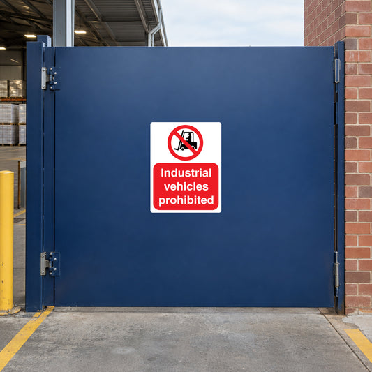 Safety sign sticker: Industrial vehicles prohibited with red circle slash symbol