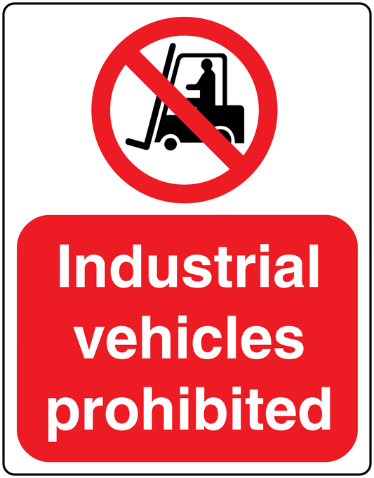 Industrial vehicles prohibited safety sign sticker with no vehicle icon, red and white
