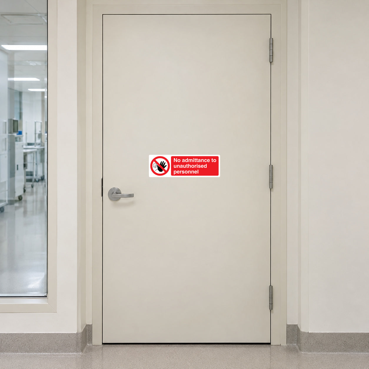 NO Safety Sign Sticker applied in a laboratory staff-only entrance, smooth ivory solid door, clinical corridor side window far left
