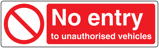 Safety sign sticker with red no-entry symbol and text 'No entry to unauthorised vehicles'