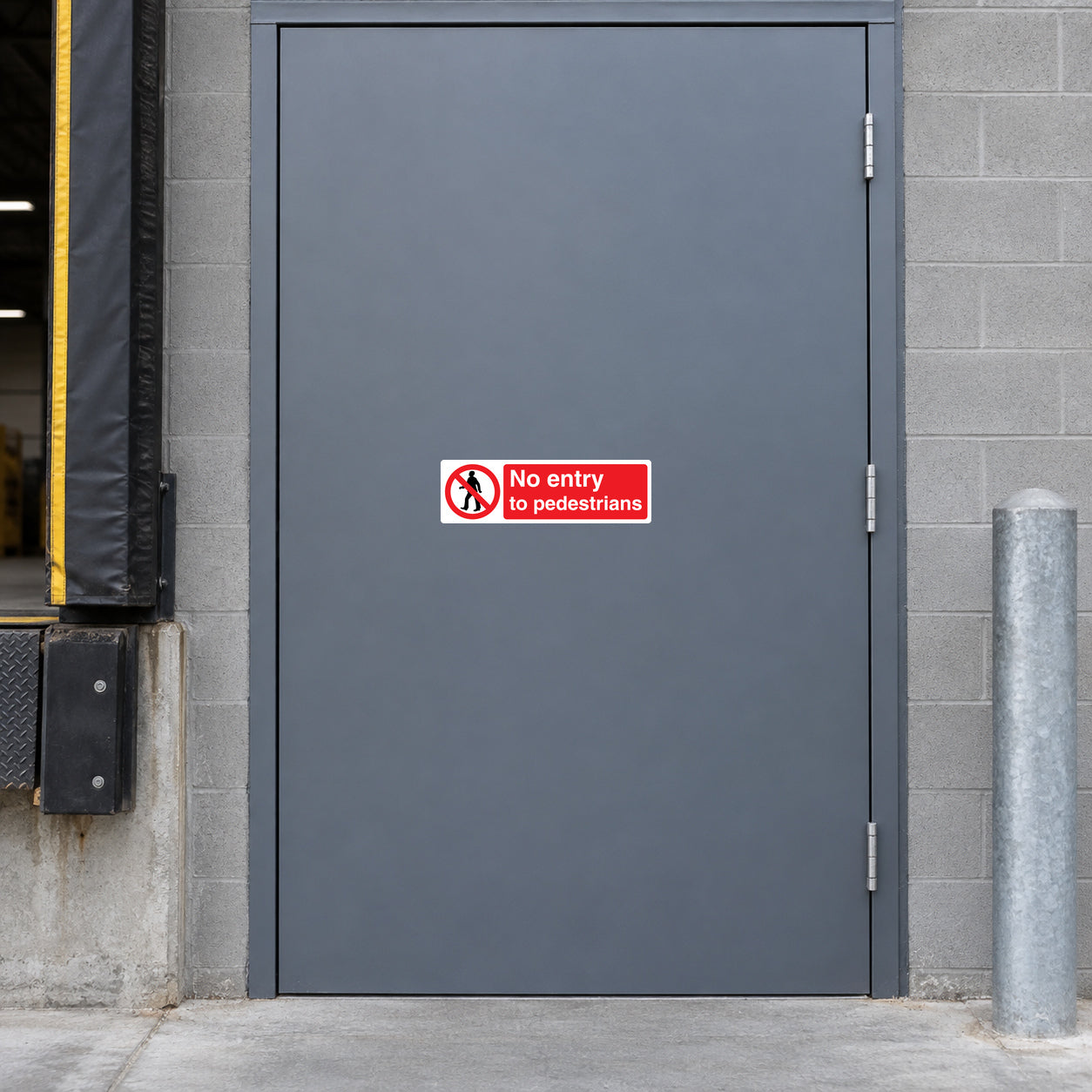 No safety sign sticker reading “No entry to pedestrians” with red circle and slash