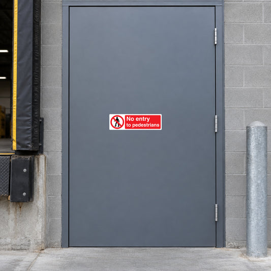 No safety sign sticker reading “No entry to pedestrians” with red circle and slash