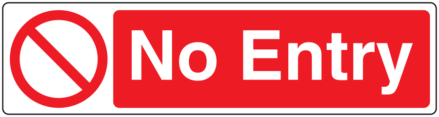 No entry safety sign sticker, red with white text and prohibition slash icon
