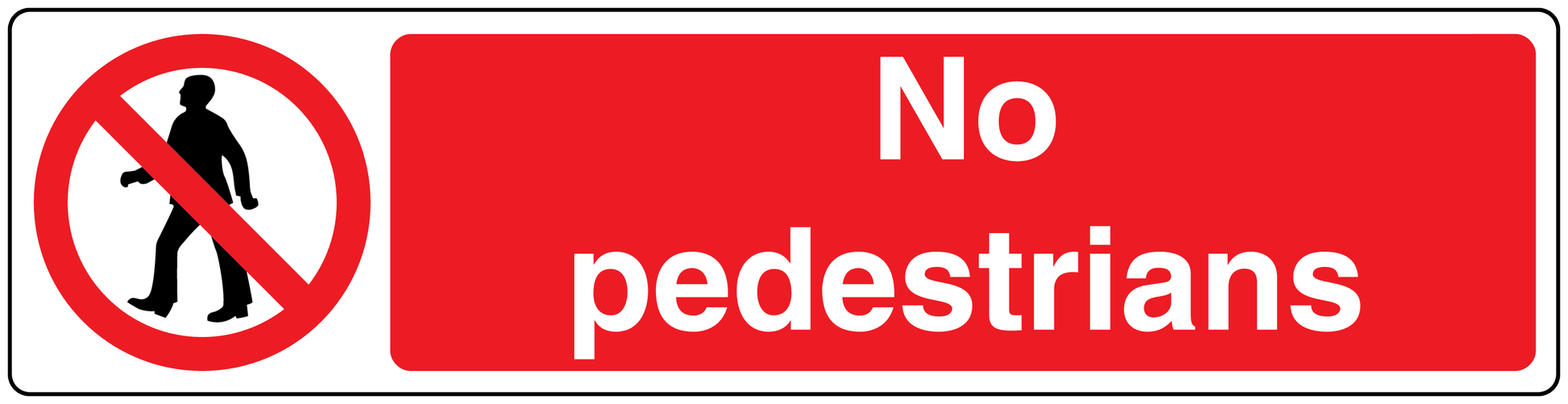 No pedestrians safety sign sticker, red with white text and walking icon slash