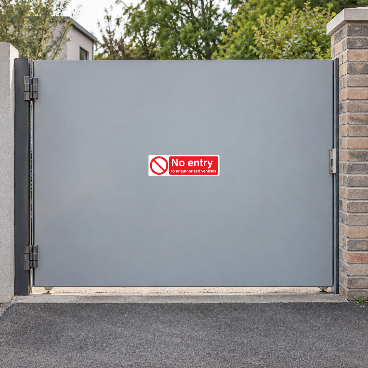 No entry safety sign sticker with red circle slash and unreadable small text