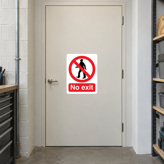 Safety sign sticker with red “No exit” icon showing a no-entry figure