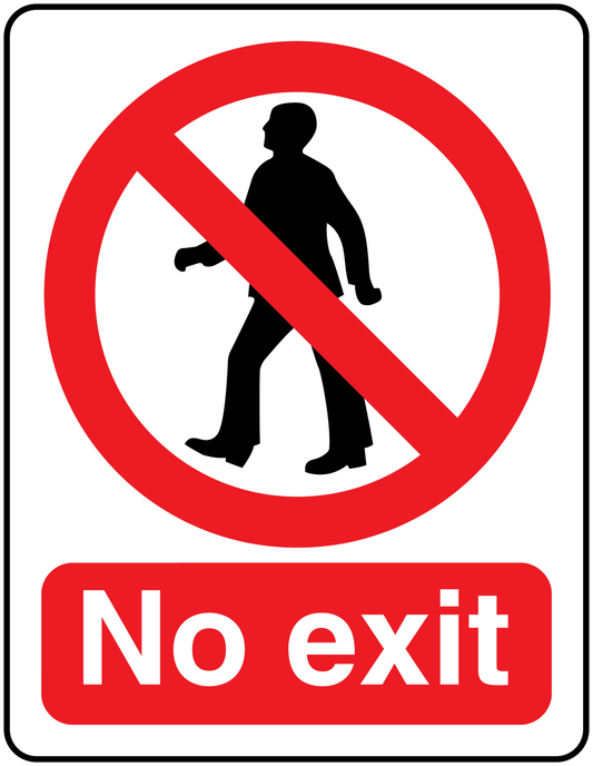 No exit safety sign sticker: red no symbol over walking person, reads 'No exit'