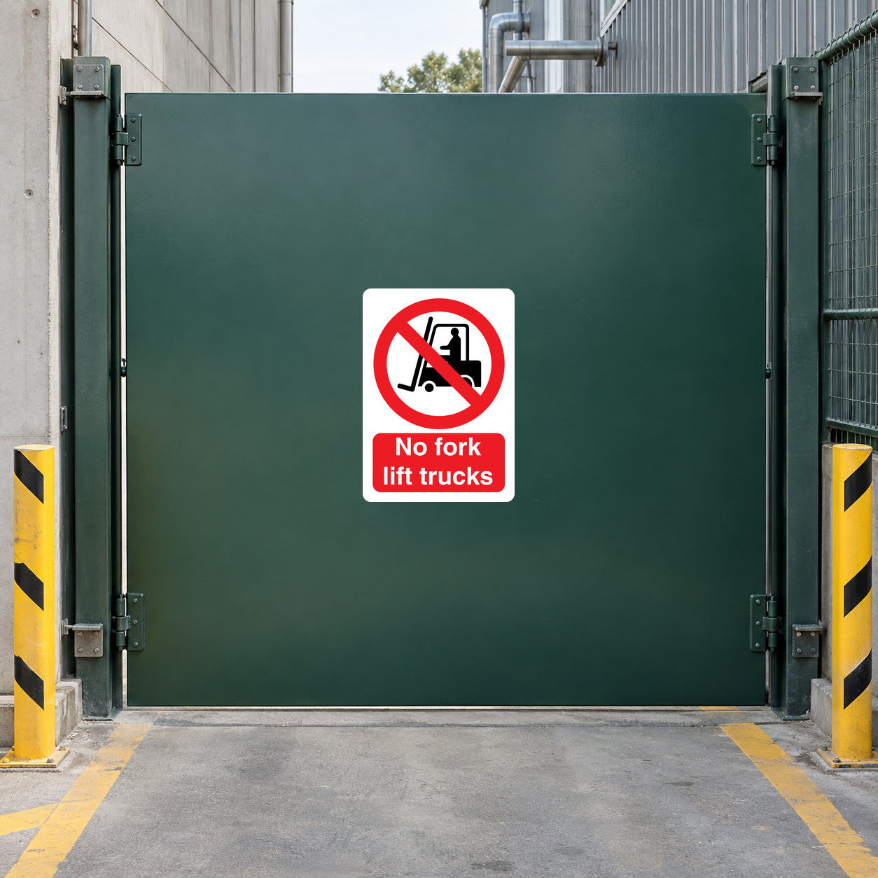 Safety sign sticker: No forklift lift trucks symbol with red circle and slash