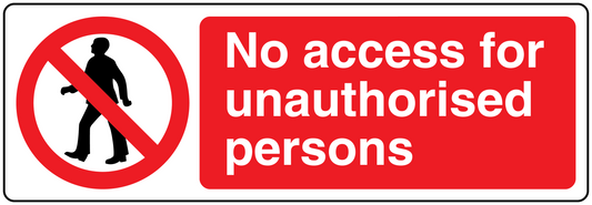 Safety sign sticker: red "No access for unauthorised persons" with barred person icon