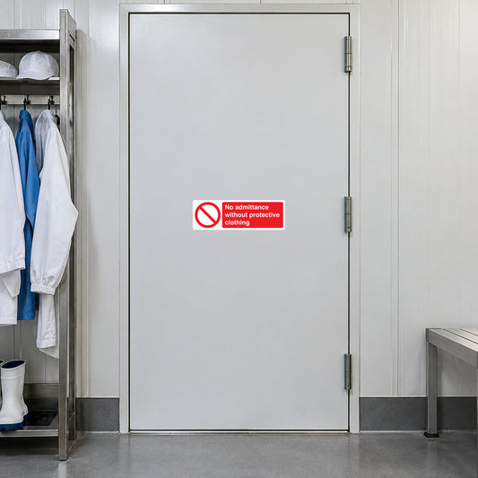 Safety sign sticker: No admittance without protective clothing, red prohibition symbol.