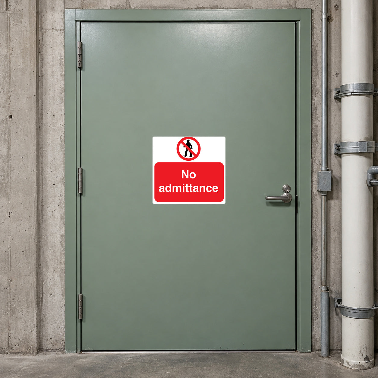 Safety sign sticker with red no-symbol and text "No admittance"