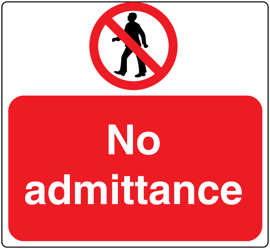 Red "No admittance" safety sign sticker with prohibited person icon