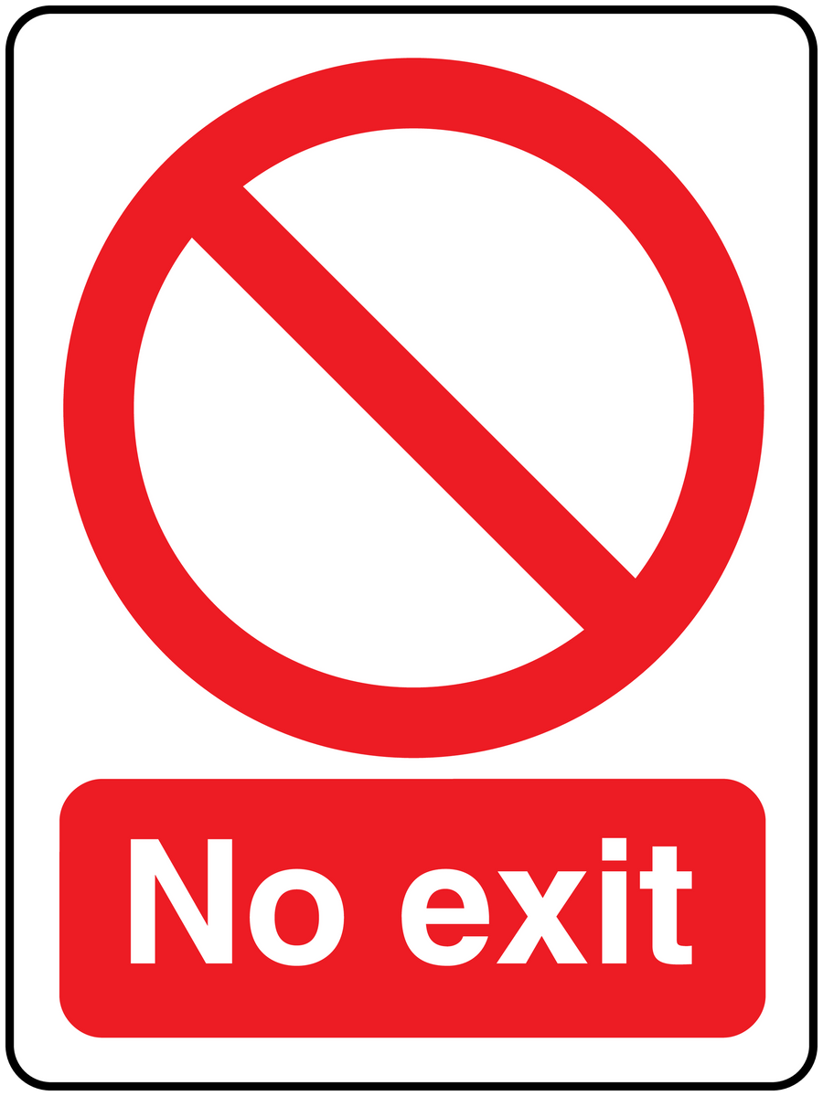 Red no-exit safety sign sticker with circled slash icon and "No exit" label