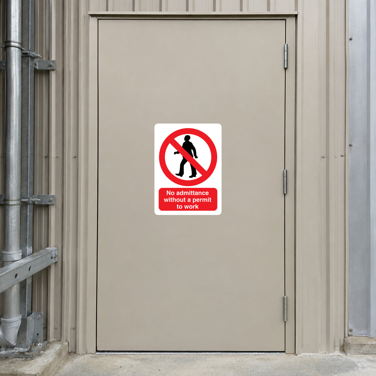 No admittance safety sign sticker with crossed-out worker; 'permit to work' text.