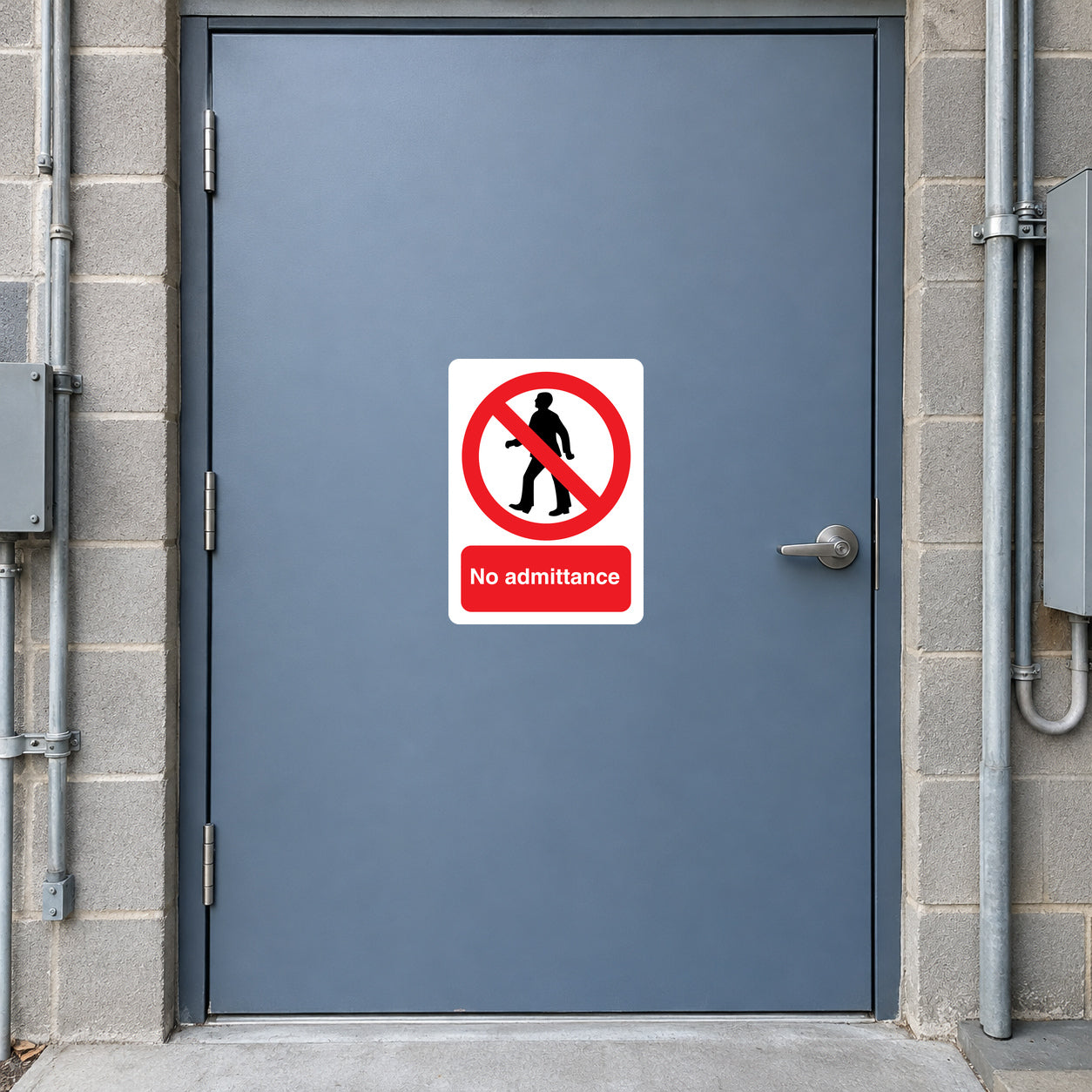 Safety sign sticker with “No admittance” symbol: red circle slash over a person