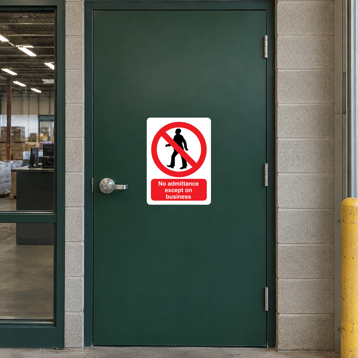 Safety sign sticker: No admittance except on business, black figure crossed out.