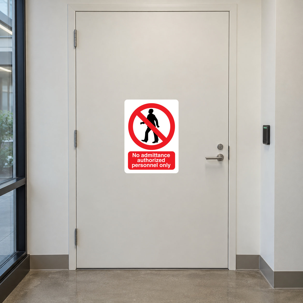 Safety sign sticker: red circle figure, text 'No admittance authorized personnel only'